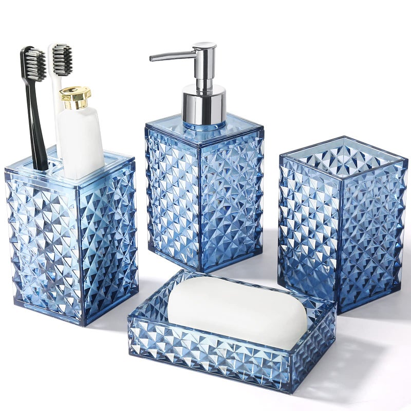 RYTOXILO Bathroom Accessories Set, 4 Pack Blue Acrylic Bath Accessory Sets Complete, Diamond Soap Dispenser and Toothbrush Holder Bathroom Counter Sink Set, Boho Modern Bathroom Decor - Image 1
